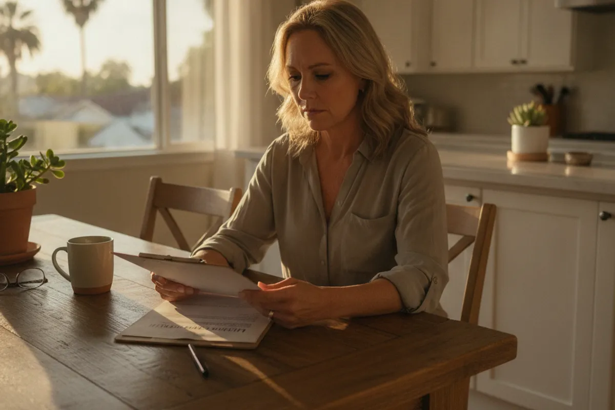 A San Diego estate planning attorney reviewing a living trust document with a client at a desk