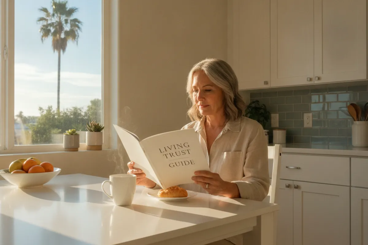 An older couple at a kitchen table in a San Diego home reviewing estate planning documents with an attorney