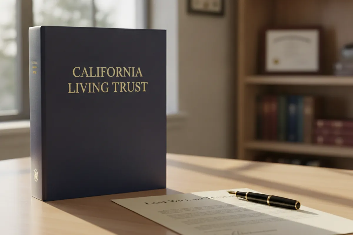 A stack of legal documents including a living trust binder and a last will and testament on a desk in a San Diego office