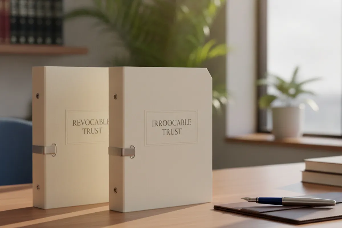 Two sets of legal documents side by side on a desk, representing the choice between revocable and irrevocable trust structures