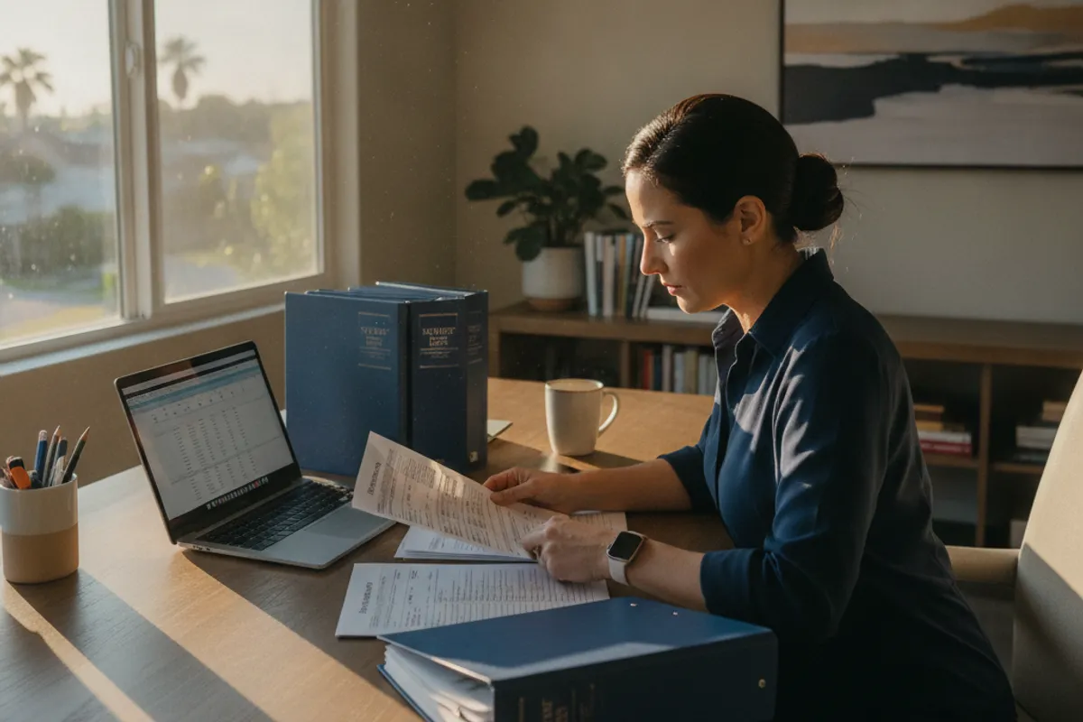 A person reviewing trust documents and financial records at a desk, representing the administrative duties of a California trustee
