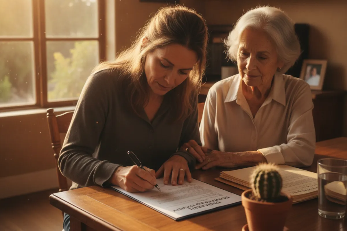 A San Diego resident signing a power of attorney document at an attorney's office with a witness present