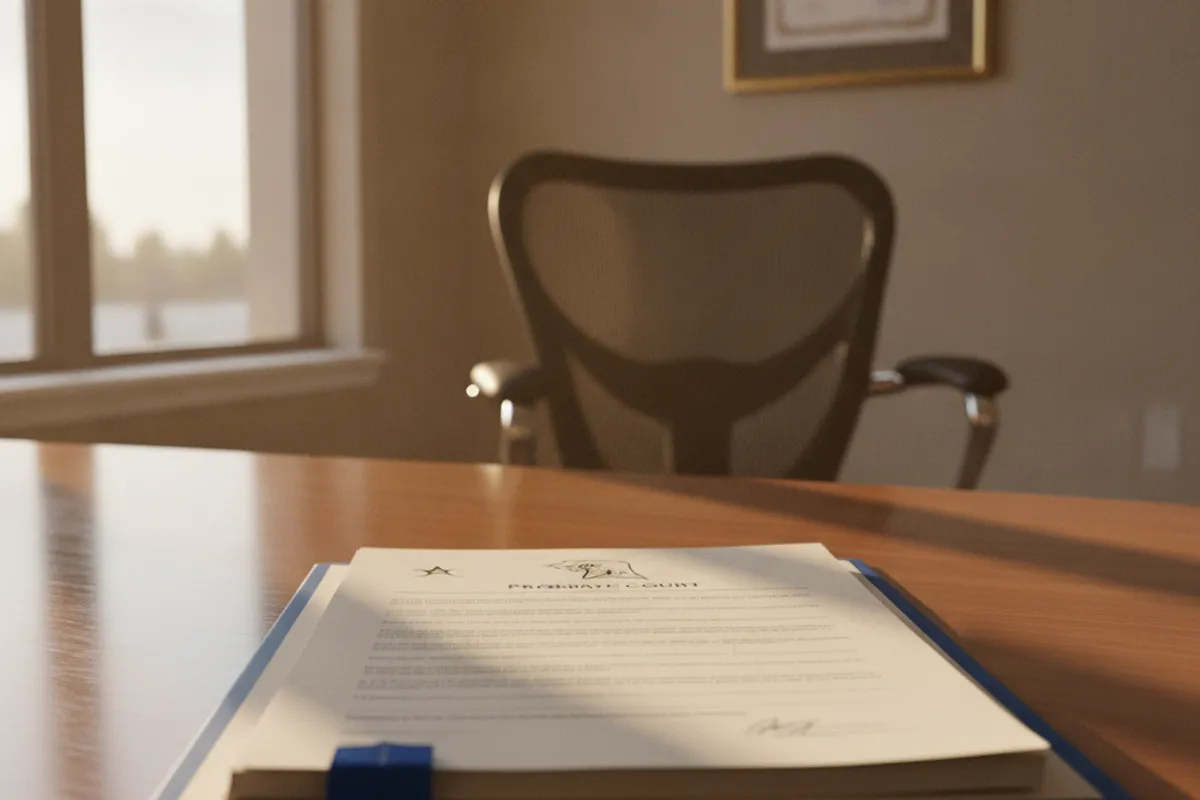 A gavel next to legal paperwork on a table, representing California probate court proceedings for intestate estates