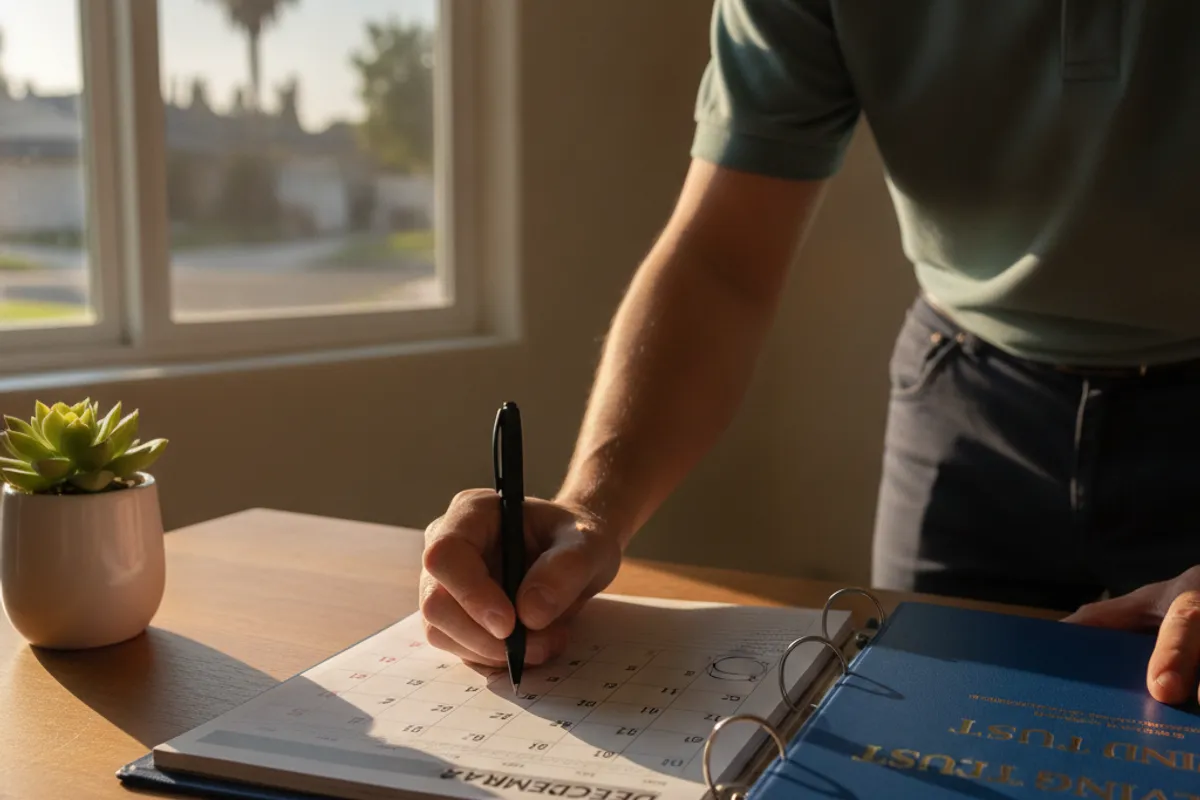 A couple in San Diego reviewing estate planning documents at a kitchen table with a calendar visible in the background