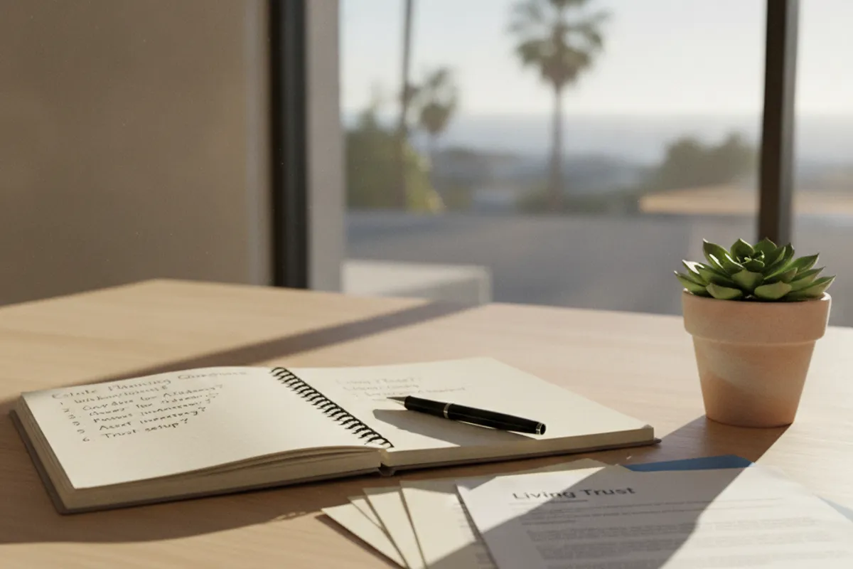 San Diego County estate-planning documents including a living trust, will, and power of attorney laid out on a desk for a client consultation.