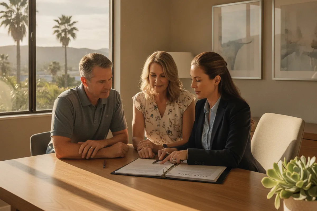 Estate-planning attorney consulting with a San Diego County couple over a living trust document at an office desk.