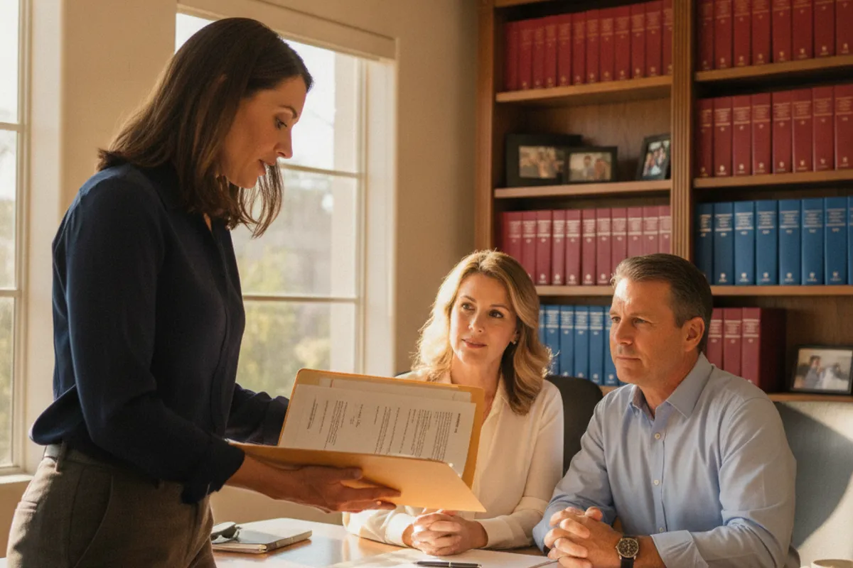 Estate-planning attorney reviewing a living trust document with a San Diego County client at a professional law office.