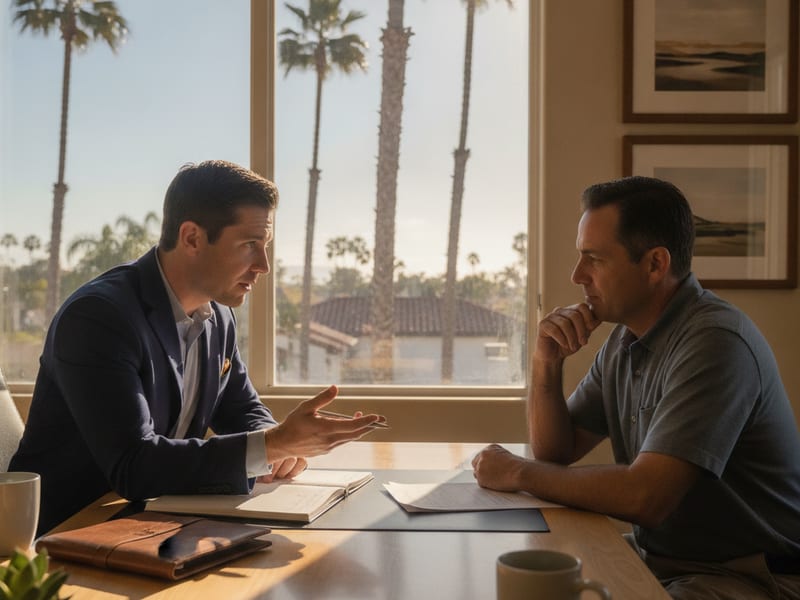 Estate-planning attorney conducting an initial consultation with a San Diego County couple over living trust and estate planning options