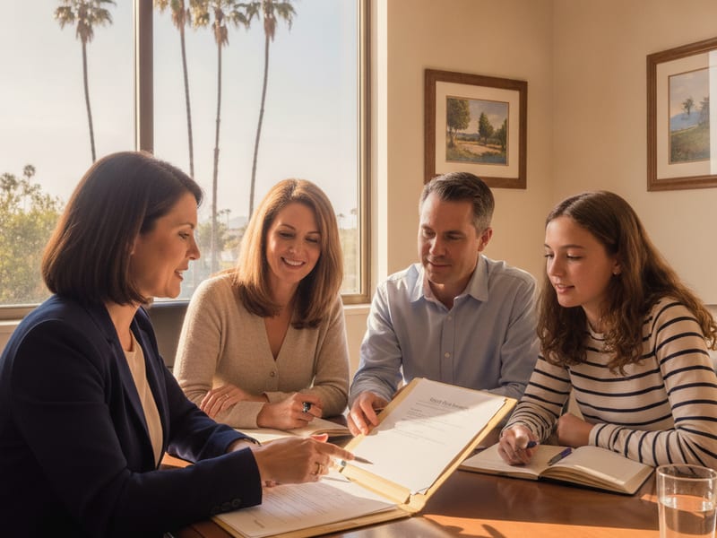 Estate-planning attorney reviewing a full estate plan with a San Diego County couple including living trust and power of attorney documents