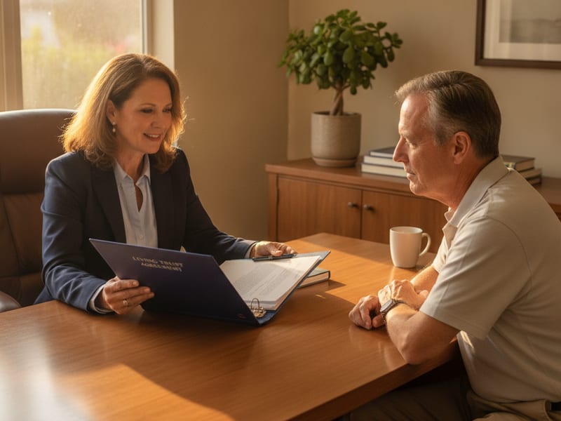Estate-planning attorney reviewing a living trust document with a San Diego County couple at a law office desk