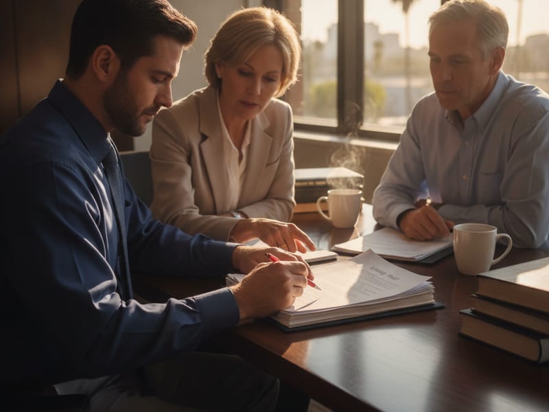 Estate-planning attorney reviewing a trust amendment document with a San Diego County client at a law office